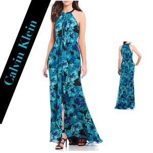 calvin klein printed halter ruffle gown